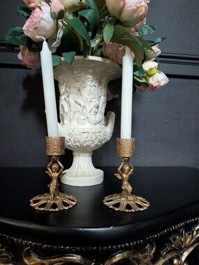 Vtg Set of 2,  Revlon Regency Gold Filigree Cherub  Brass Lipstick/Candle Holder